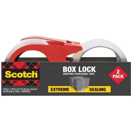 SCOTCH Shipping Tape, w/Dispenser, Box Lock, 1.88"x55 yd, 2/PK, CL 2PK MMM395021RD